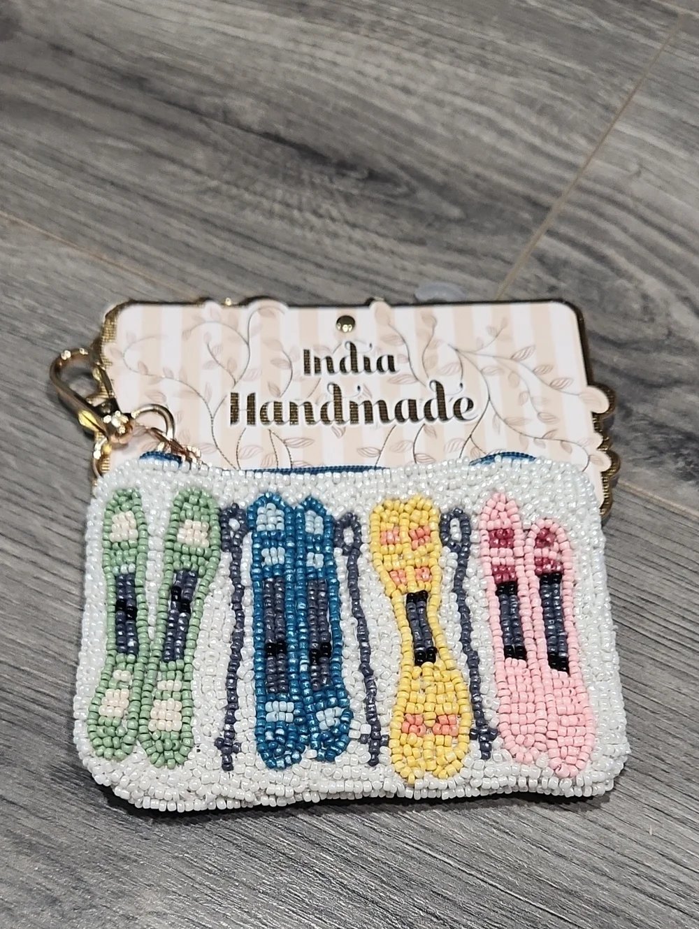 Beaded Key & Card Pouch - White with Pastel Skis Motif